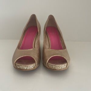 Gold Resort Chic Peep Toe Wedge Metallic Reptile Pumps